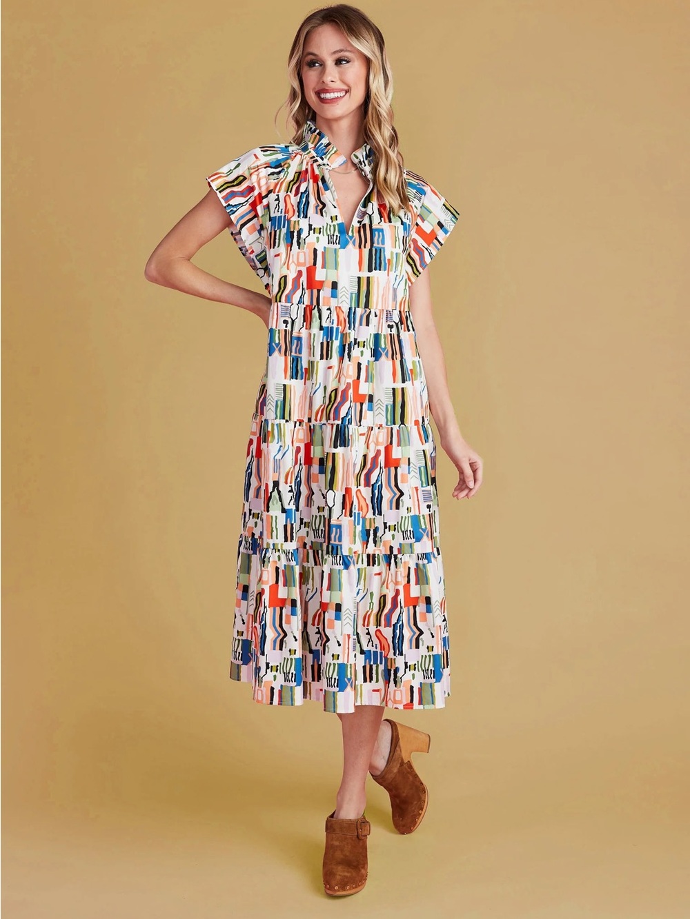 CROSBY Printed Tiered Midi Dress in Multi-Color